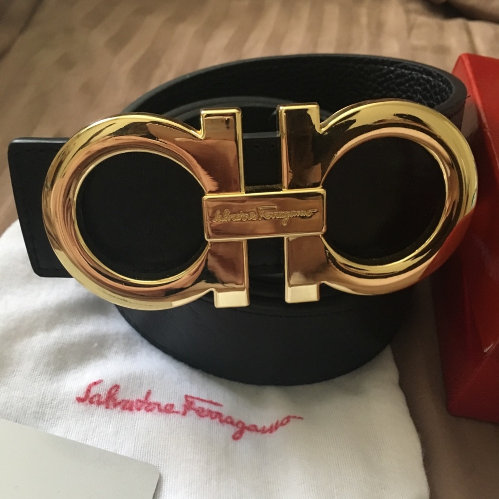 Black Ferragamo belt with gold buckle