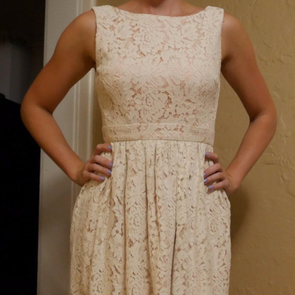 White lace open back dress