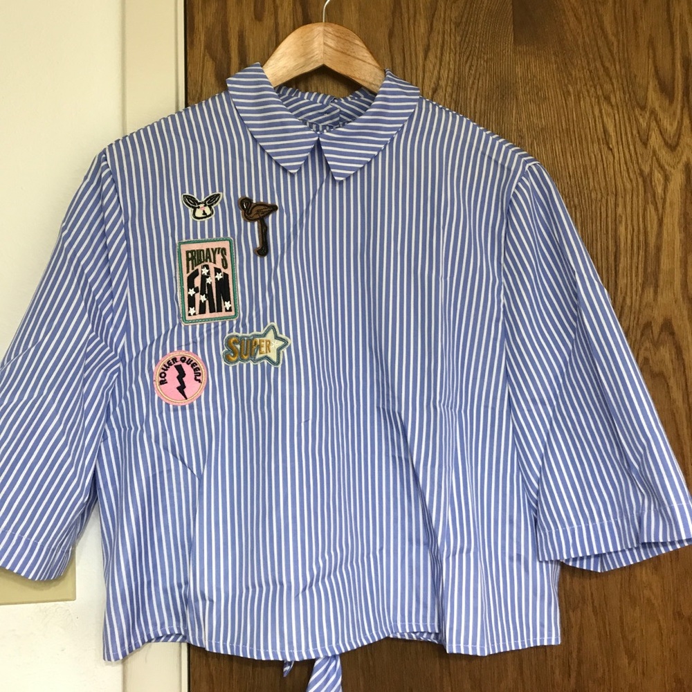 Blue Stripe Knotted Back Appliqué Blouse