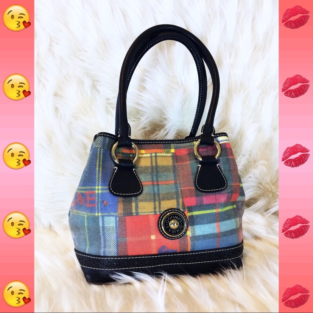 Dooney & Bourke Red Blue Yellow Black Contemporary Vogue Plaid Tote Handbag Bag - Picture 1 of 8