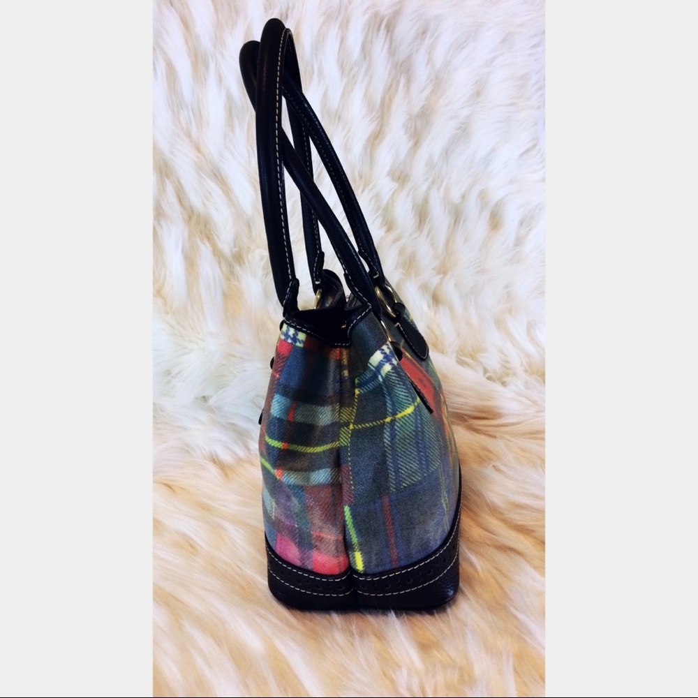 Dooney & Bourke Red Blue Yellow Black Contemporary Vogue Plaid Tote Handbag Bag - Picture 7 of 8