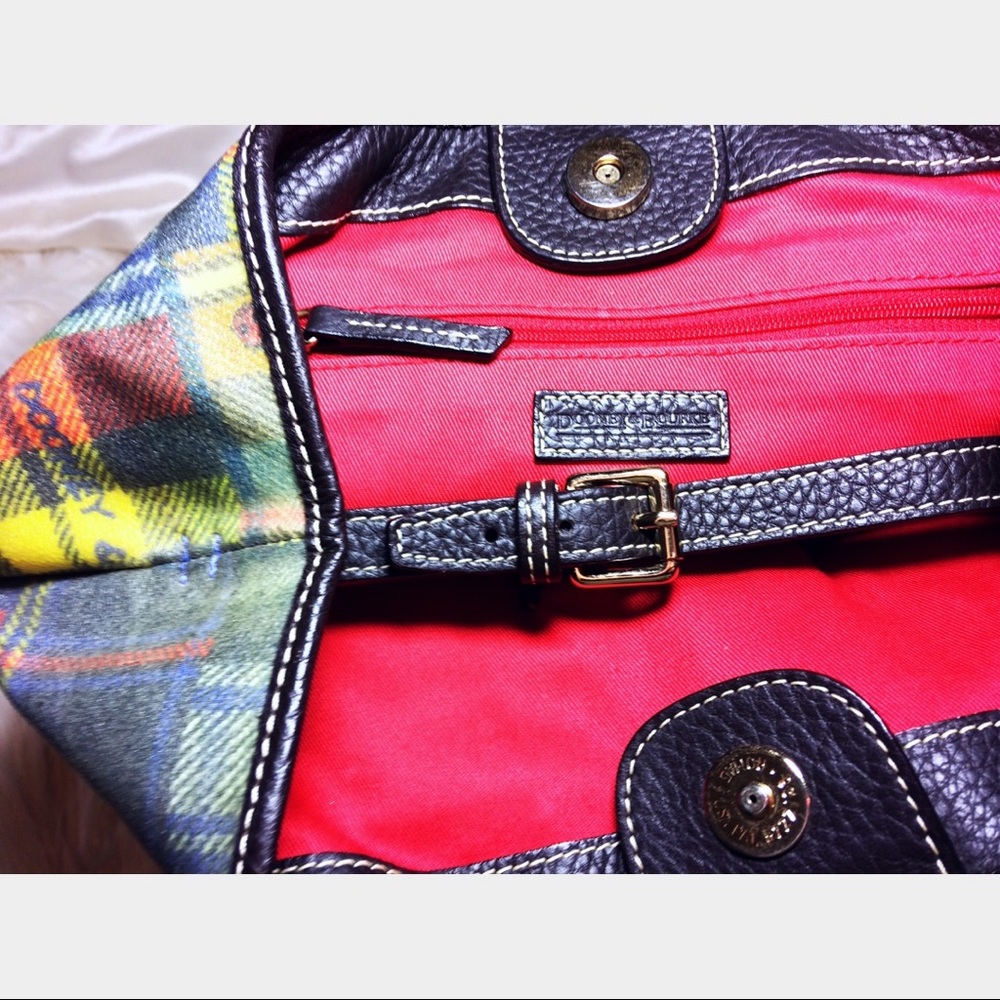 Dooney & Bourke Red Blue Yellow Black Contemporary Vogue Plaid Tote Handbag Bag - Picture 3 of 8