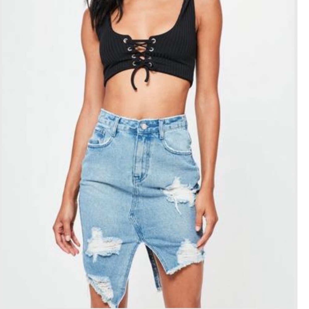 Blue Ripped Asymmetric Hem Denim Skirt