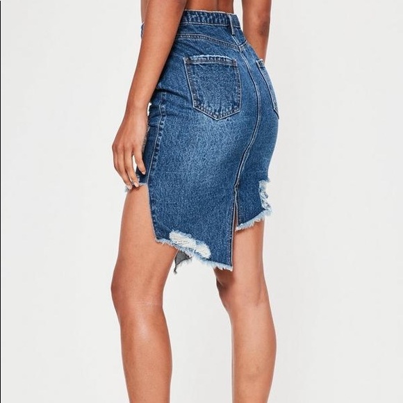 Blue Ripped Asymmetric Hem Denim Skirt - Picture 2 of 4