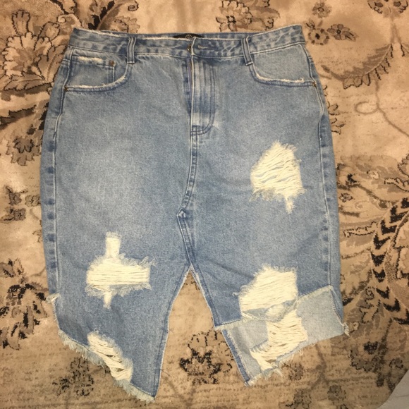 Blue Ripped Asymmetric Hem Denim Skirt - Picture 3 of 4