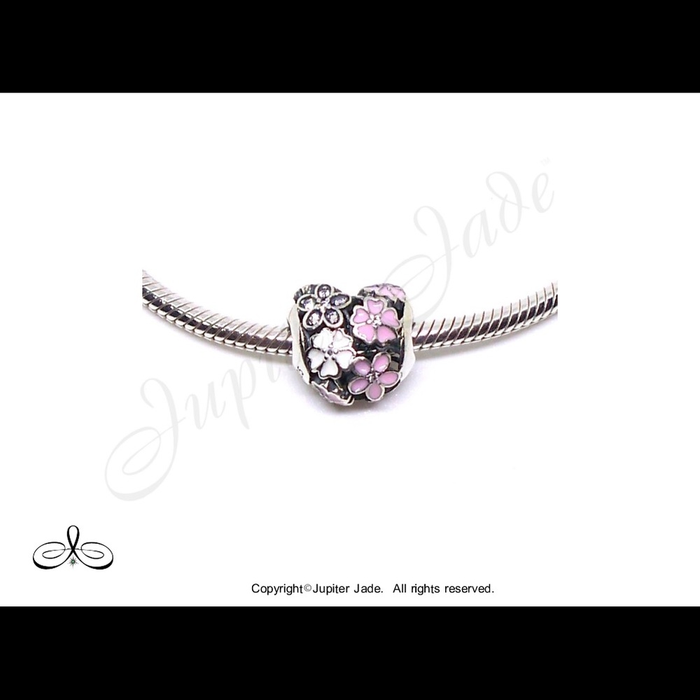 925 Sterling Silver CZ Enamel Heart Coquette Bracelet Charm - Pandora Style - Picture 2 of 2