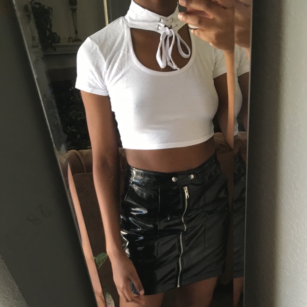 New White Cutout Lace Up Mock Neck Crop Top