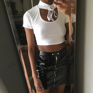 New White Cutout Lace Up Mock Neck Crop Top