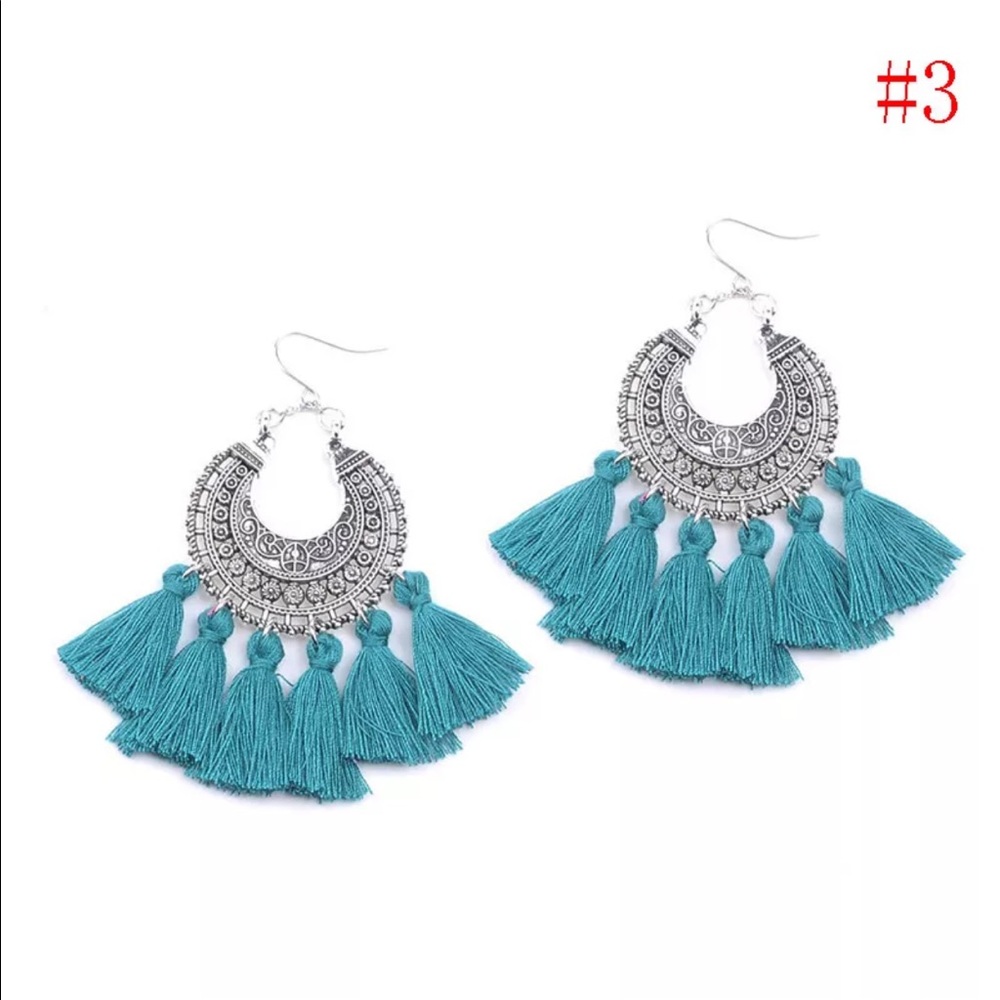 Blue green tassel earrings