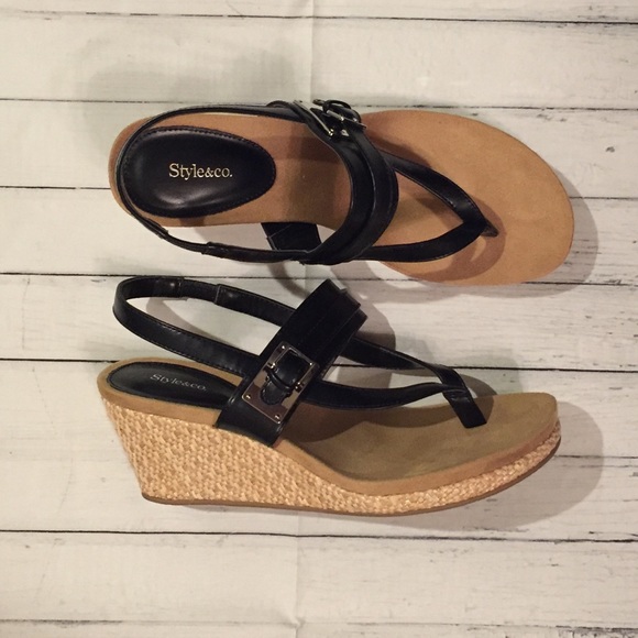 Style & Co. Shoes - Style&Co. Black Leather Strappy Wedge Sandals