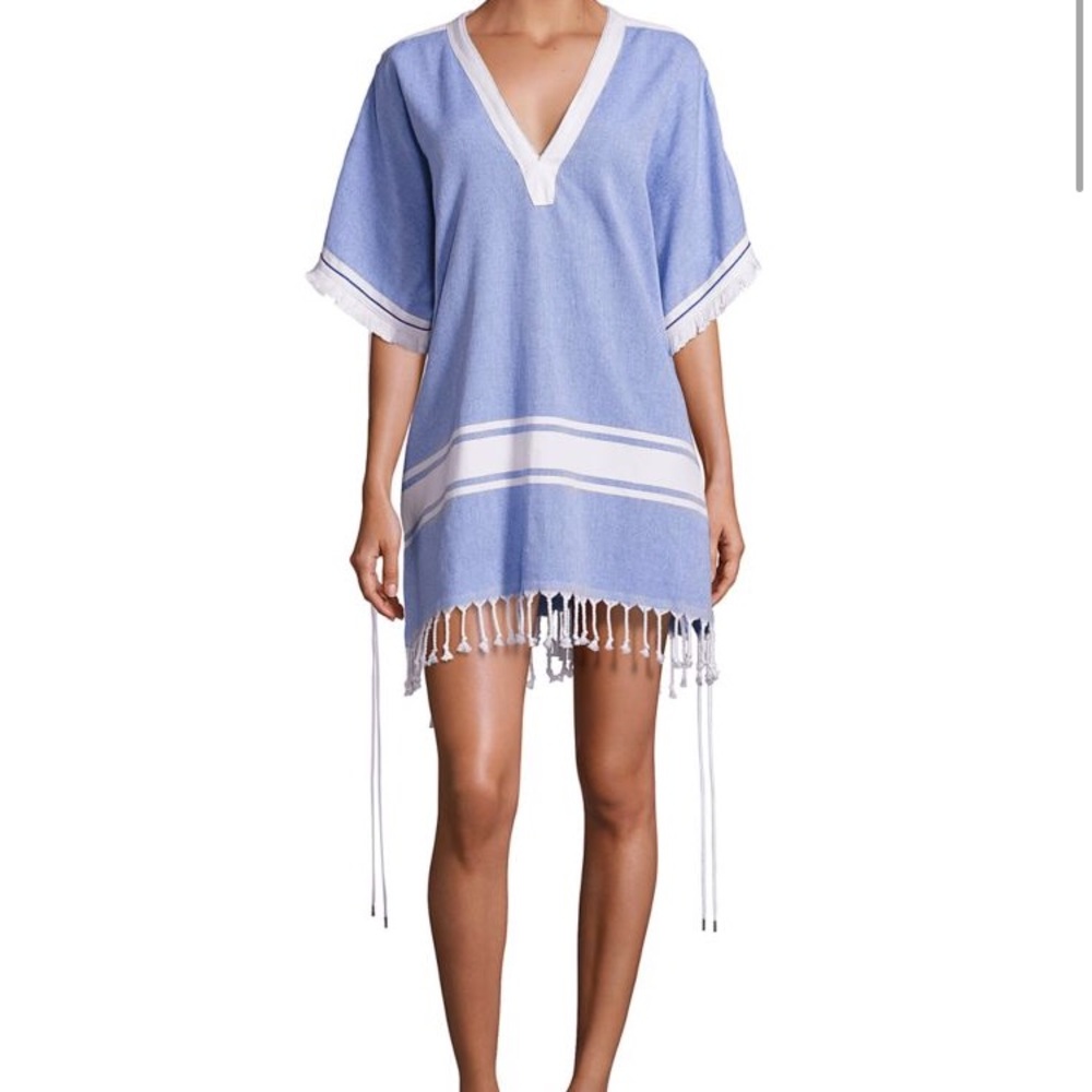 Textured V-Neck Caftan w/ Lace Up and Tassel Trim