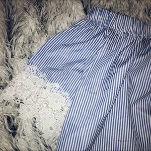 Cropped striped off the shoulder shirt.
