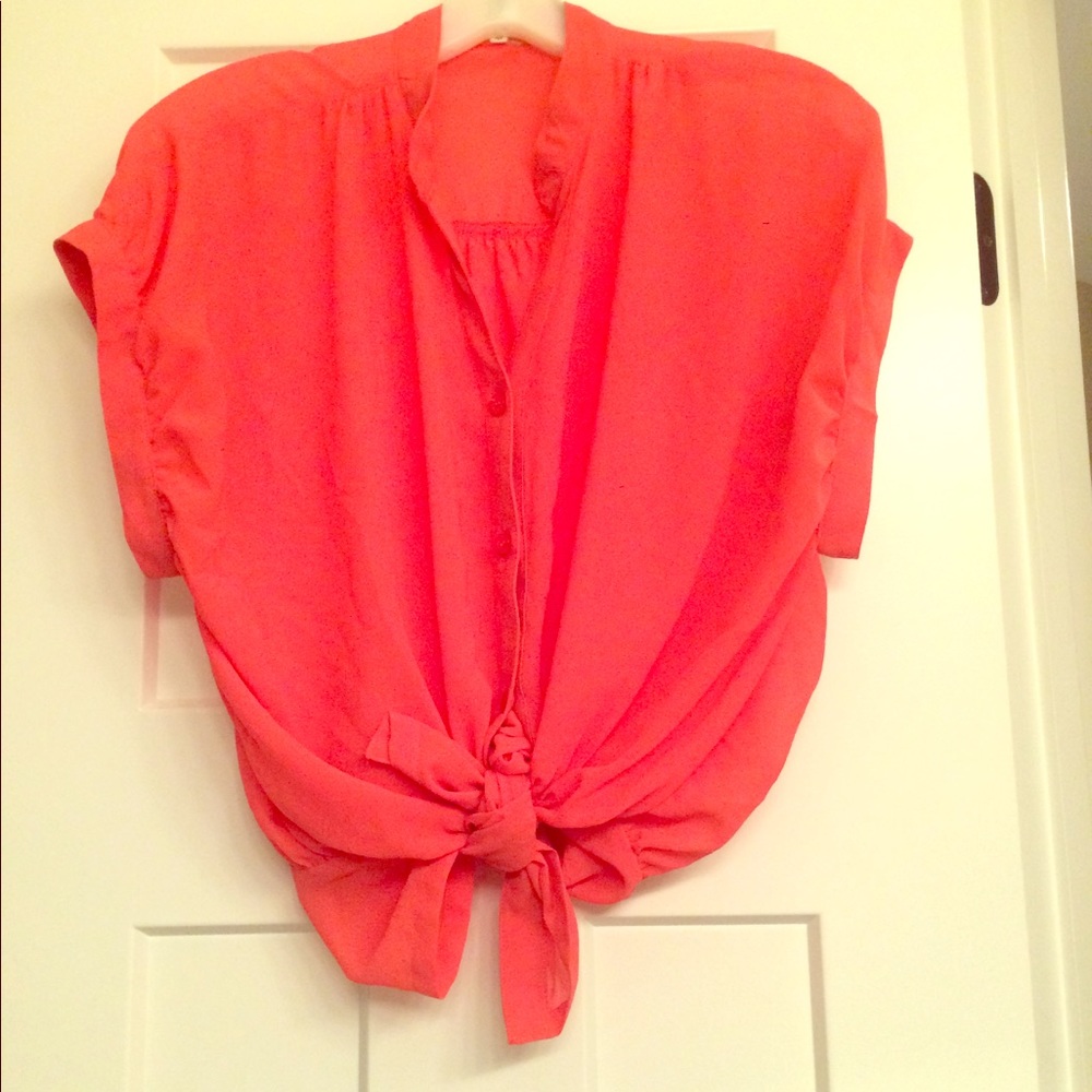 Coral button up with tie option at bottom