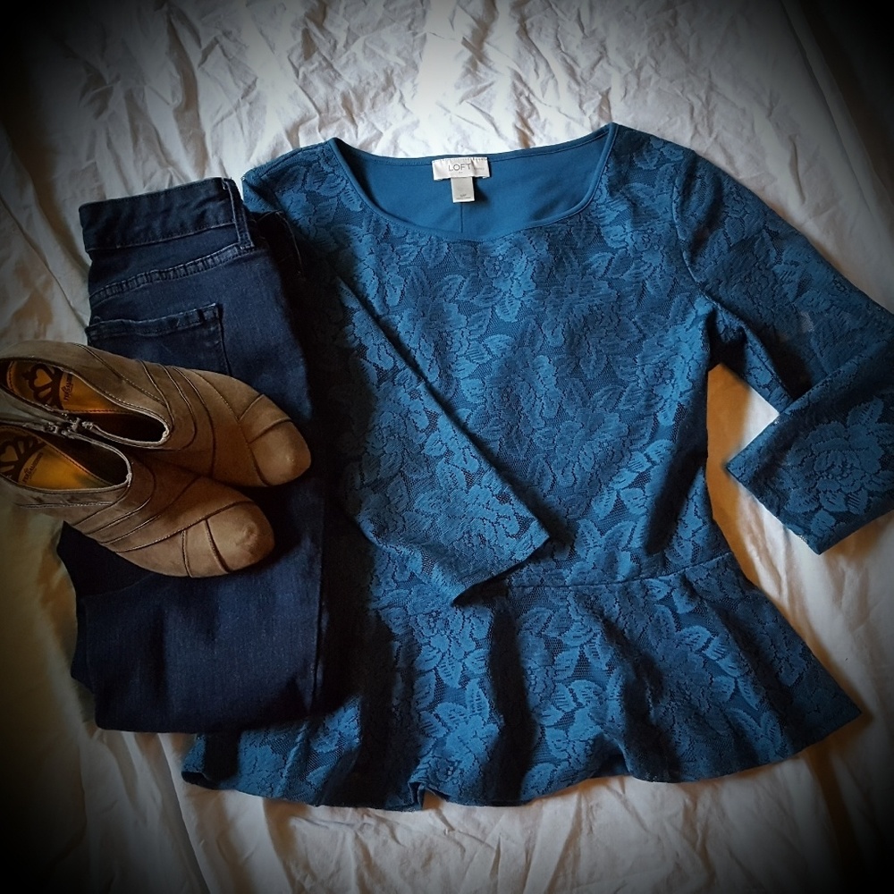 LOFT Teal Lace Peplum Top