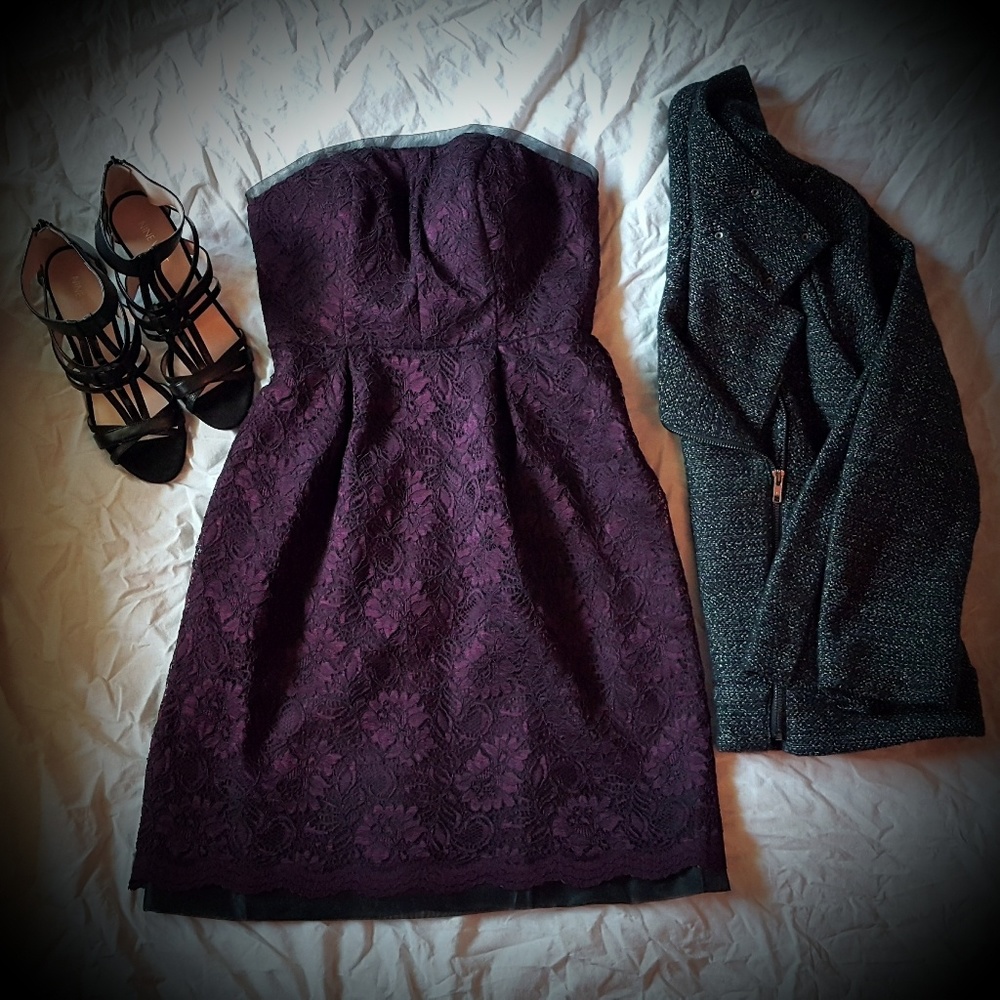 David's Bridal Garnet and Black Corded Lace Dress
