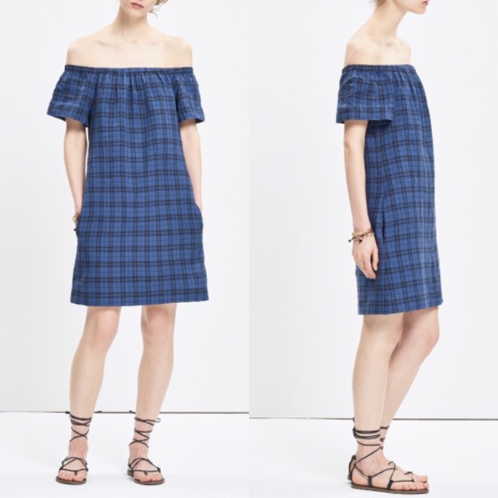 Madewell off shoulder plaid linen dress