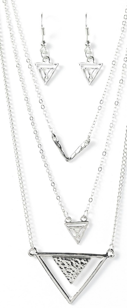 Unique posh silver triangle necklace w/earrings