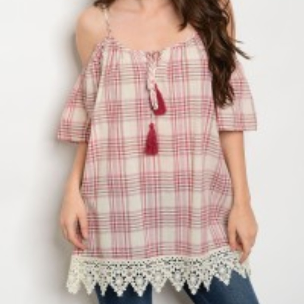 Ivory & Wine Plaid Cold Shoulder Tunic S M L