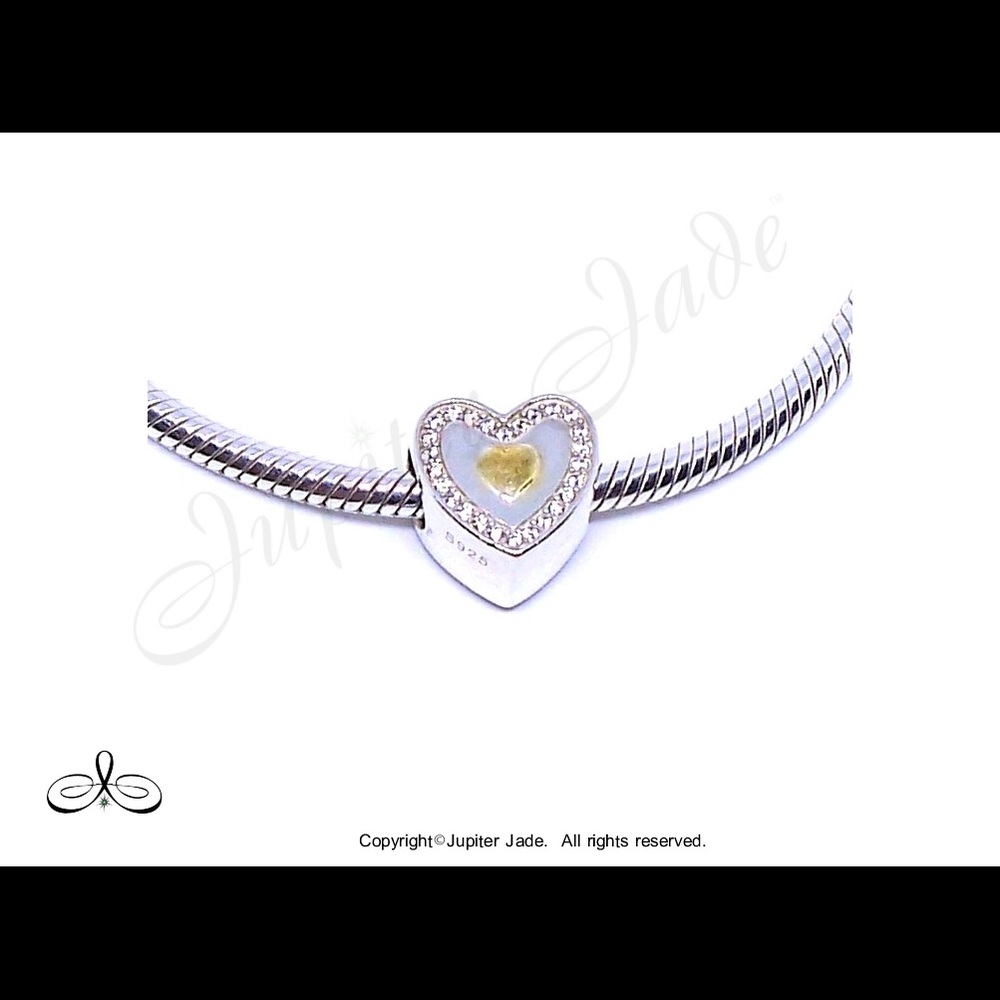 925 Sterling Silver 14kt Gold Plated CZ Heart Bracelet Charm - Pandora Style - Picture 1 of 1