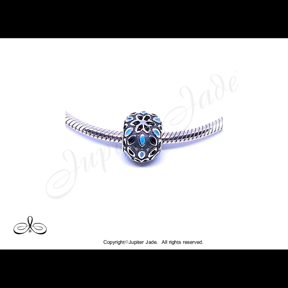 925 Sterling Silver w Blue Enamel Flower Bracelet Charm - Pandora Style
