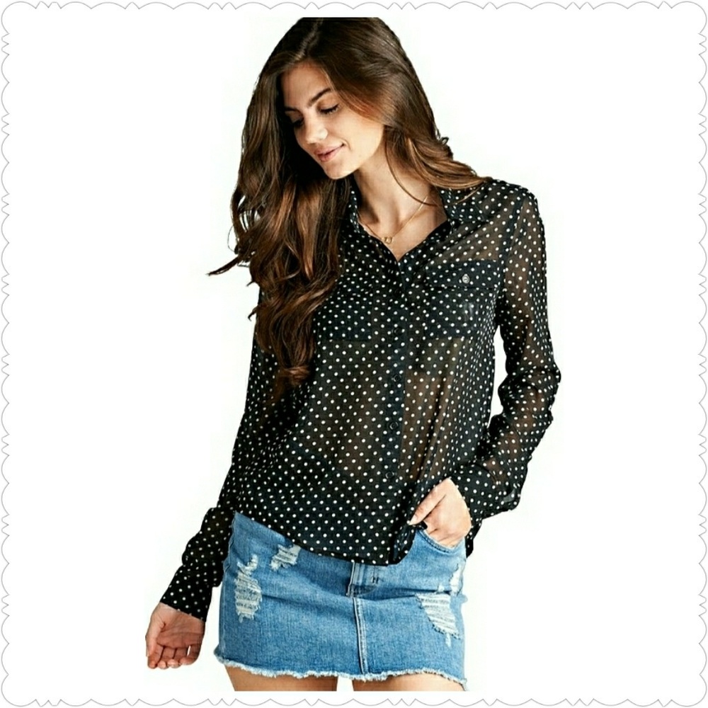 New Black/Off White Polka Dot Button Down Shirt