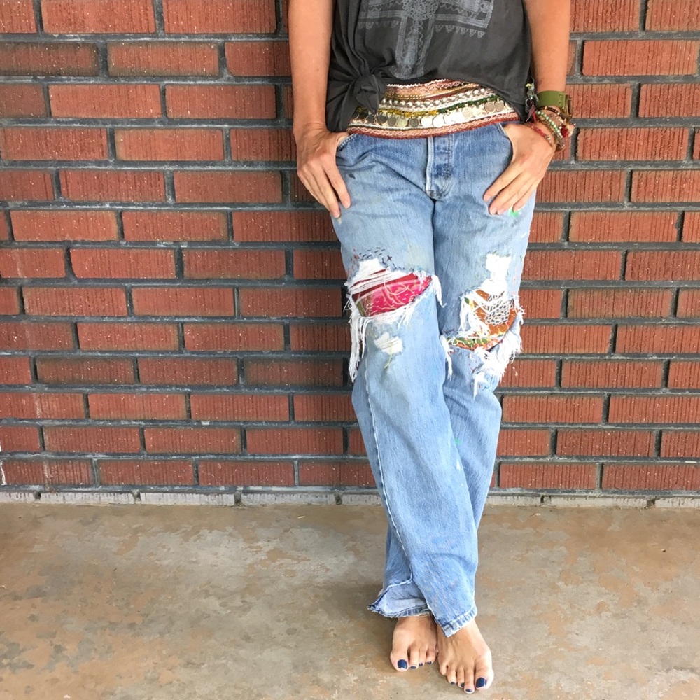 Levi ripped and patched Kantha stitch sari jeans