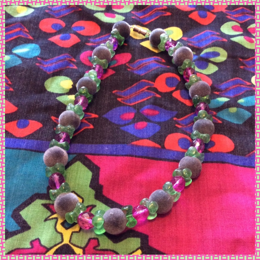 NWT handmade pink green and grey beaded necklace