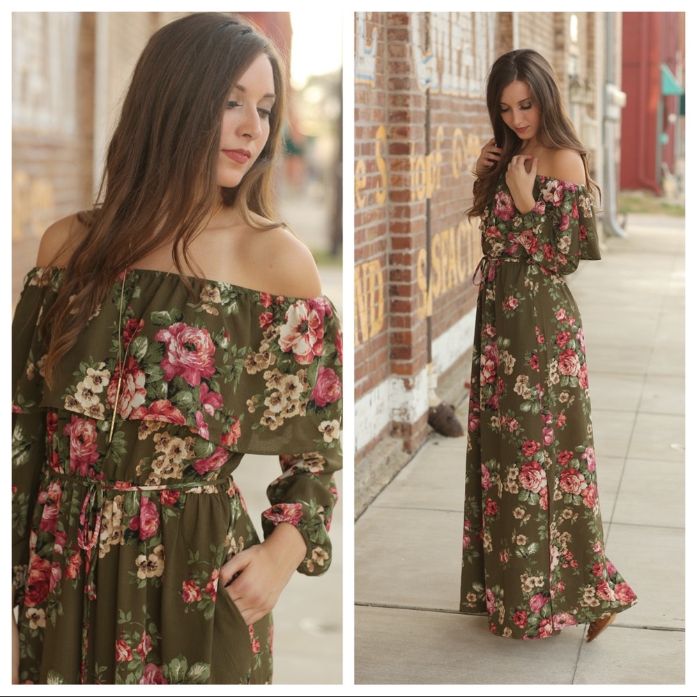 LAST ONE✨ Olive off the shoulder floral maxi dress - Picture 2 of 5