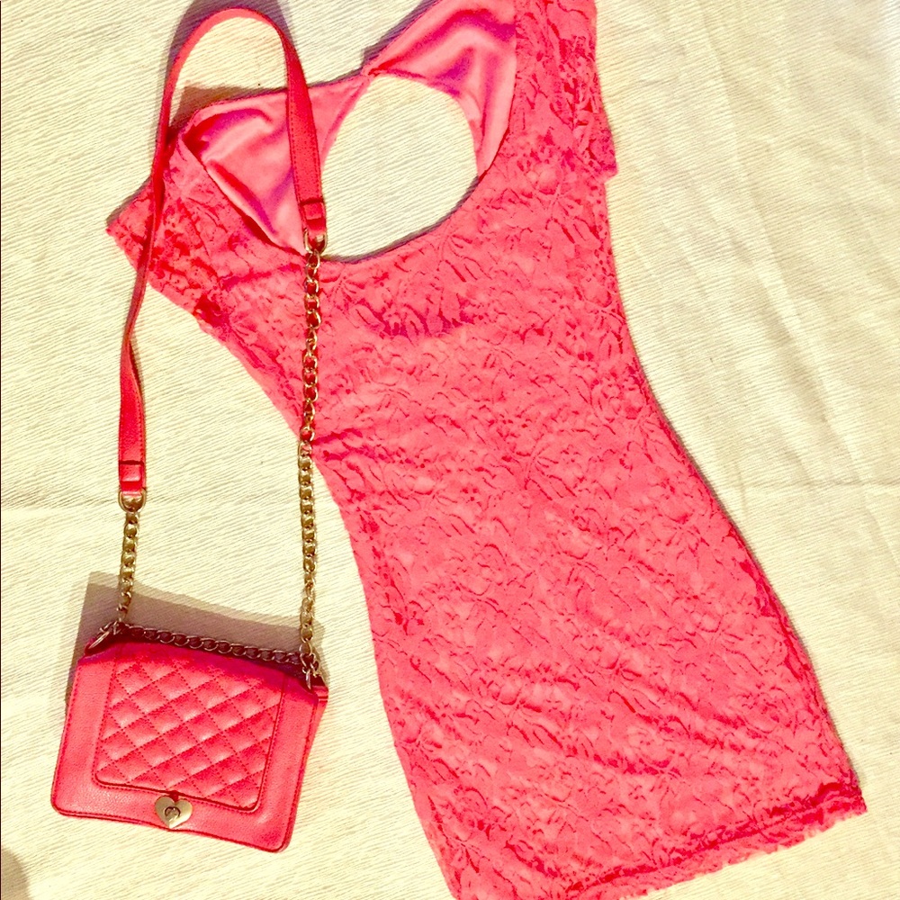 Coral Pink Flower Lace Dress🌸 S