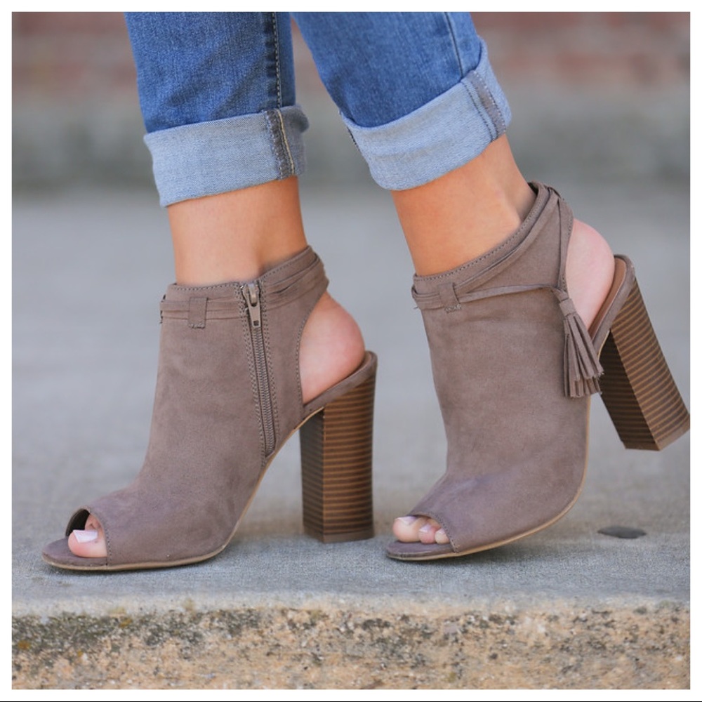 Taupe tassel peep toe vegan suede bootie - Picture 2 of 2