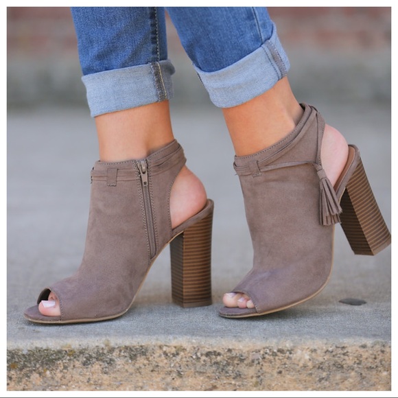 Taupe tassel peep toe vegan suede bootie - Picture 2 of 2