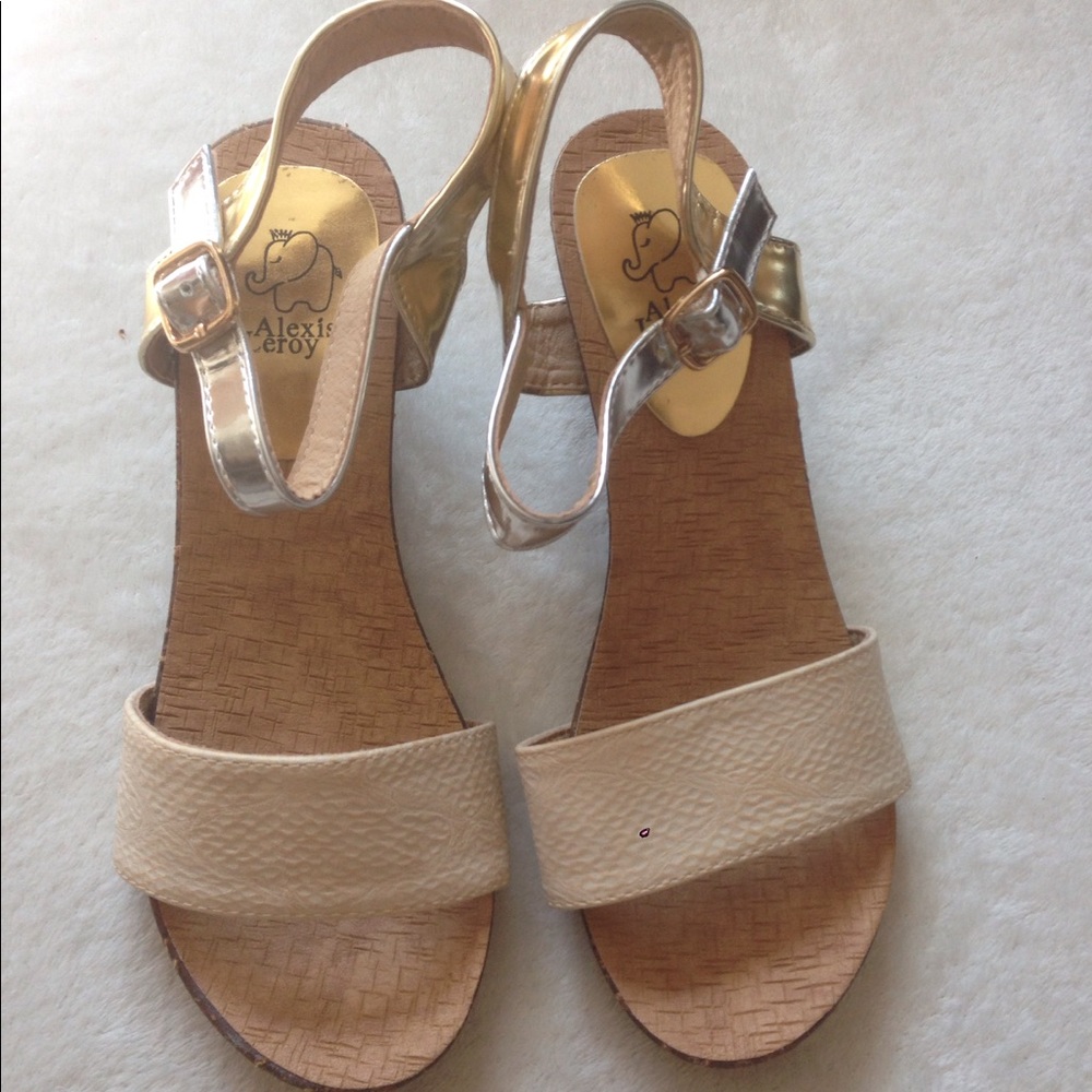 Alexis Leroy wedge heels. Gold and silver strap.