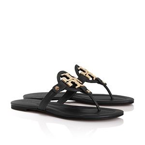 Tory Burch Miller 2 Black Gold Logo Sandals Size 7