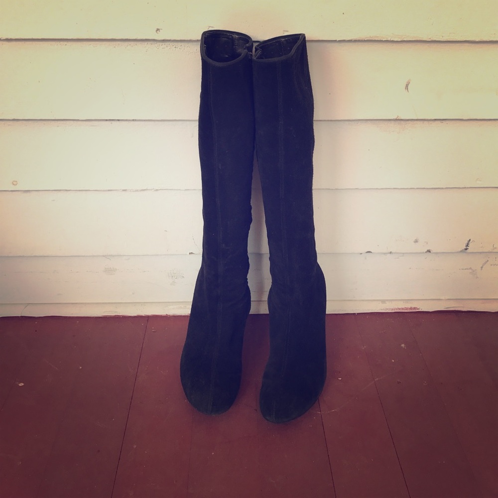 Black suede heeled boots. By Fornarina. Size 7.