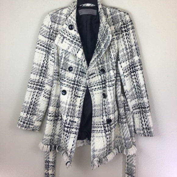 Zara Jackets & Blazers - Zara Black and White Tweed Pea Coat with Belt