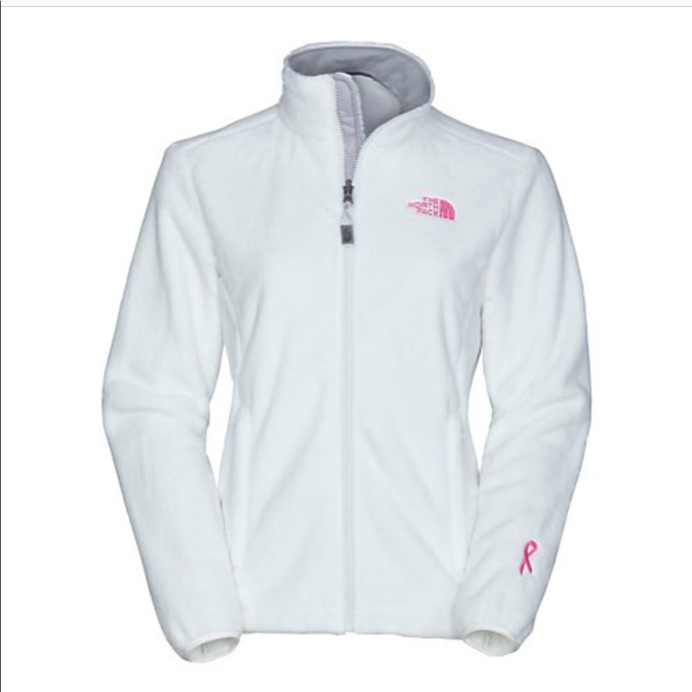 The North Face white jacket with pink labeling