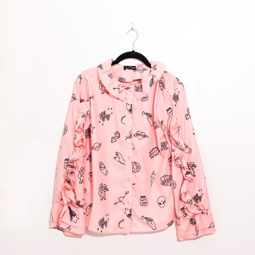 Pink Satin Like Graphic Printed Sister Jane Blouse