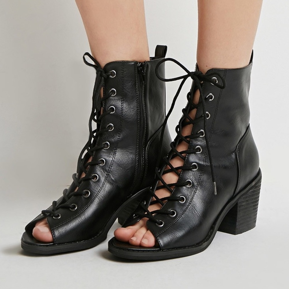 Forever 21 Lace Up Peep Toe Booties