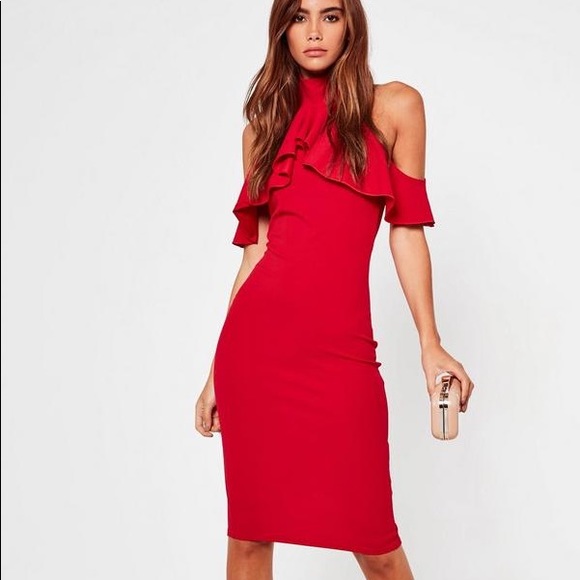 Missguided Dresses & Skirts - Missguided HighNeck Frill Cold Shoulder Midi Dress