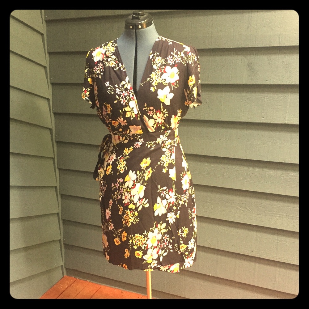 Yumi Kim black floral wrap dress L (fits 8-10)