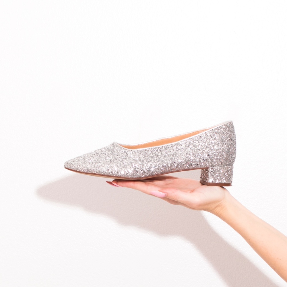 Silver glitter low heel shoes