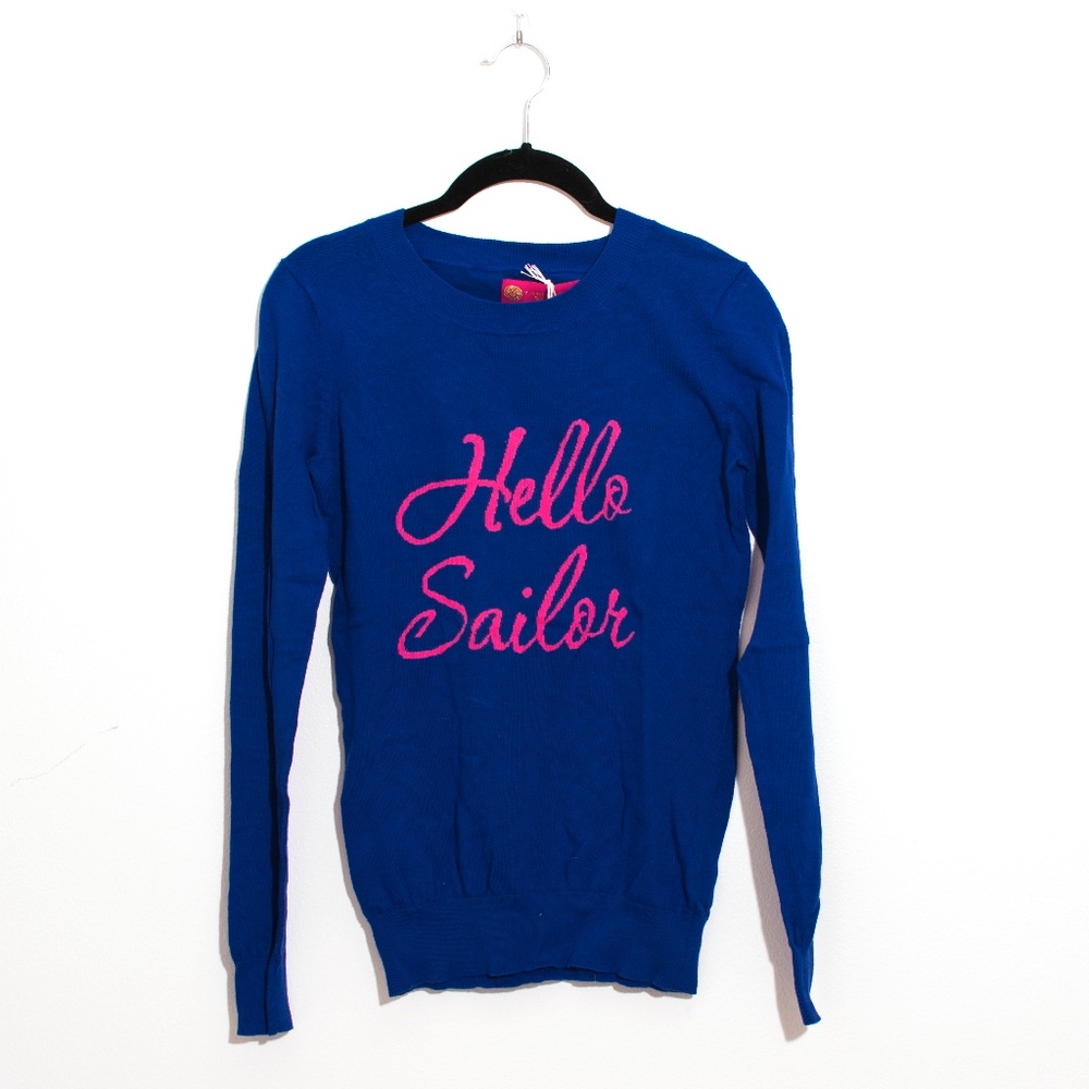 Hello Sailor graphic sweater cobalt blue hot pink