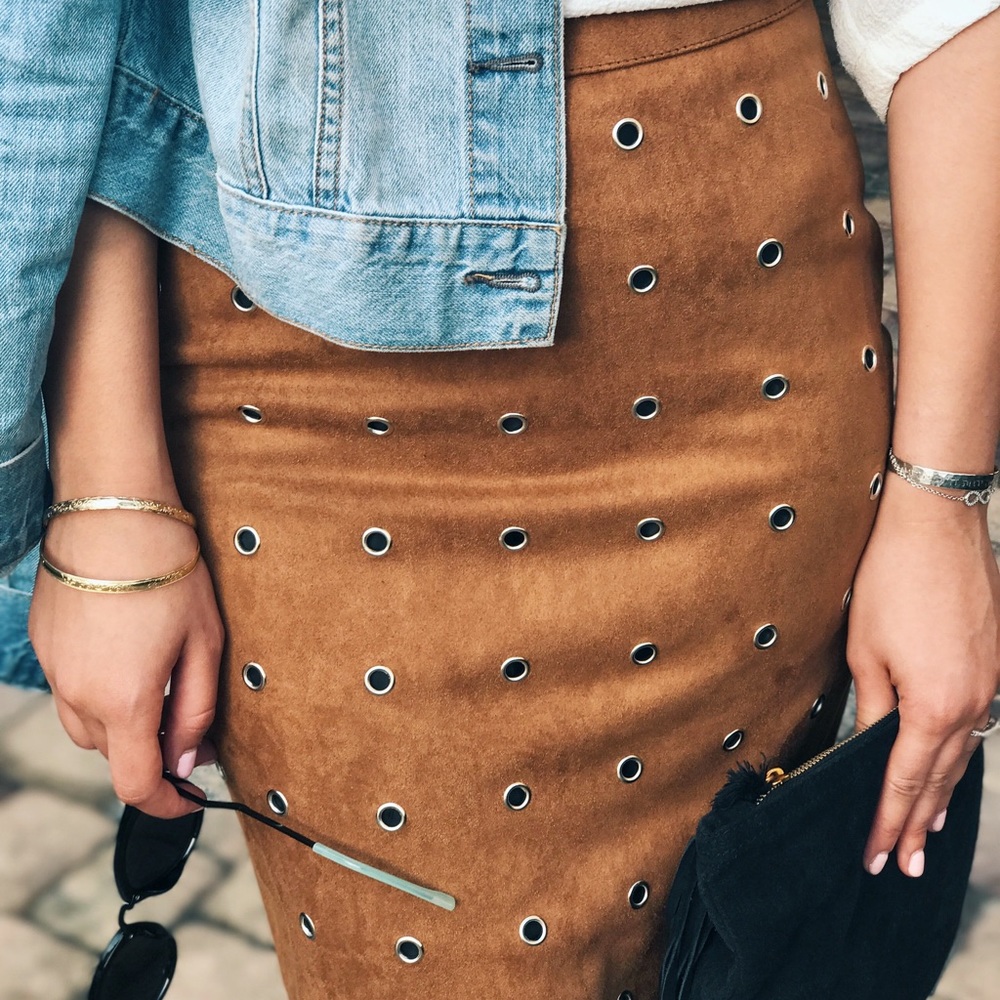 Suede Hole Detail Midi Skirt - Camel