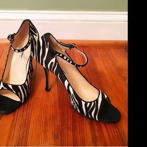 Manolo Blahnik Open Toed Zebra Print Mary Janes