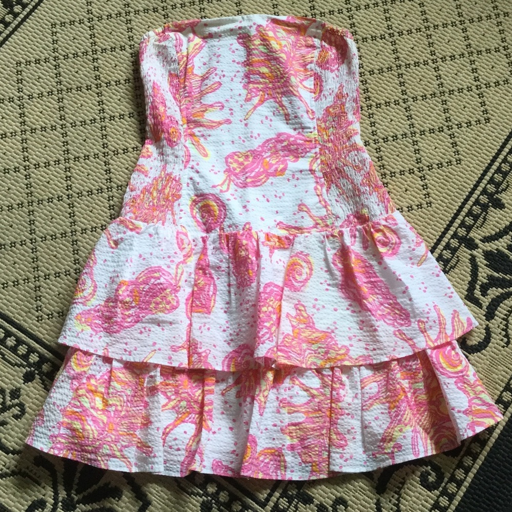 🆕Lilly Pulitzer Ferra Seashell Seersucker Strapless Dress 🌼🐳💕🐚🪸🌸
