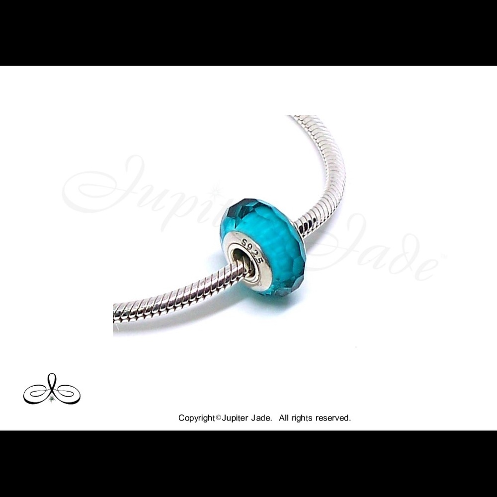 925 Sterling Silver Aqua Turquoise Faceted Glass Bracelet Charm - Pandora Style