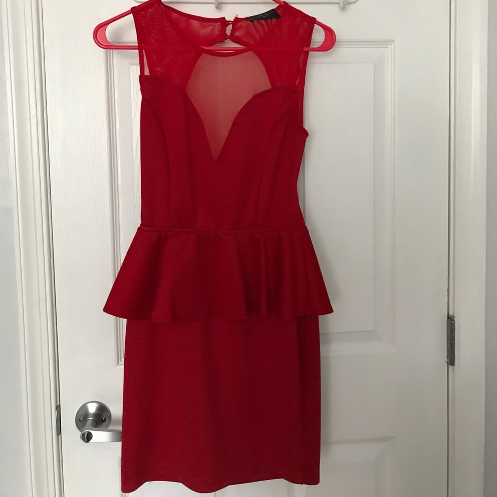 Red Backless Dress with Peplum And Meshed Top