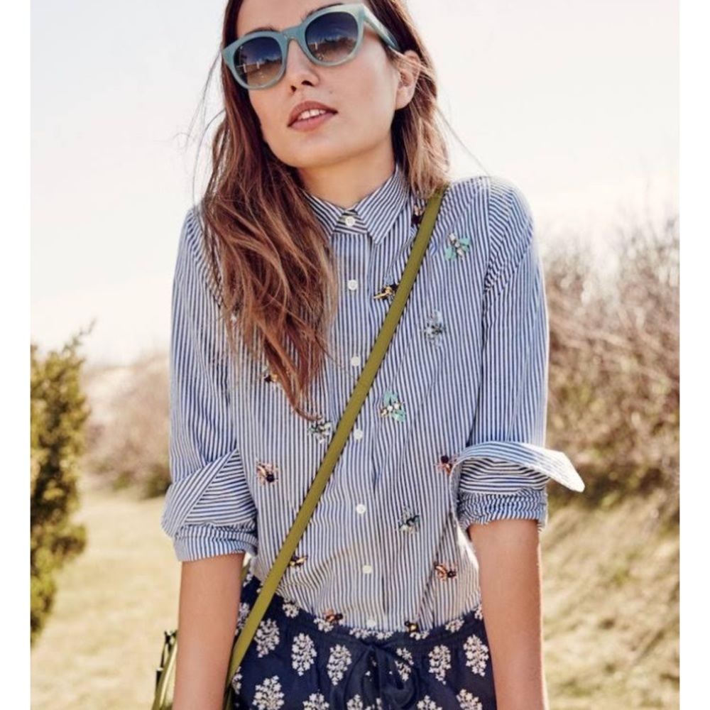 J Crew Perfect Bee Embellished Striped Shirt