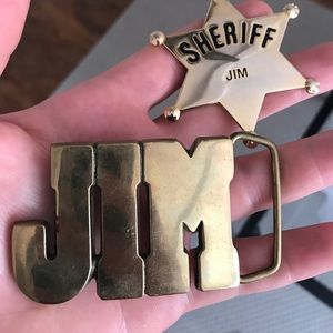 Brass JIM buckle. W free sheriff Jim pin