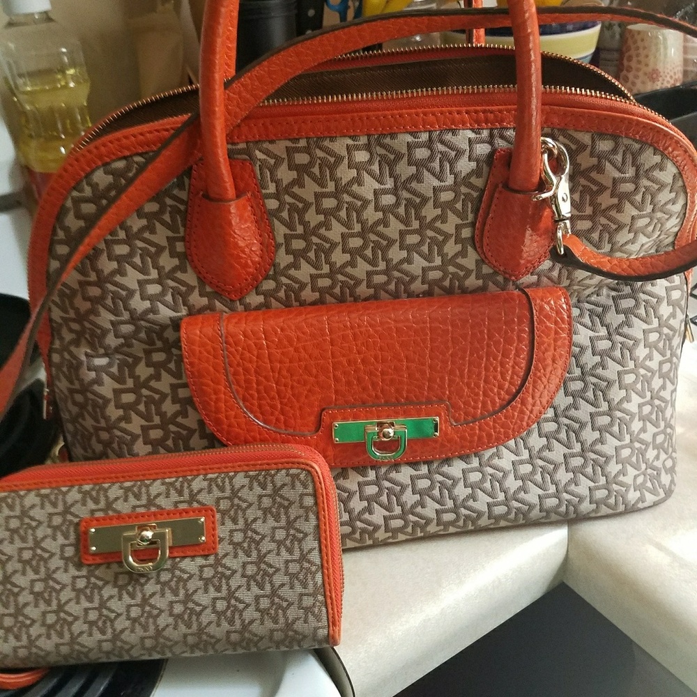 DKNY Large Logo Satchel Leather Trim